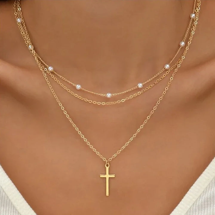 Gold-tone pearl-style cross heart necklace for women